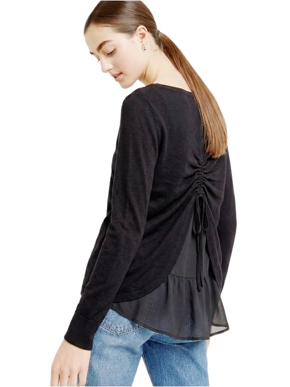 Mint Velvet 2-in-1 Mock-Layer Ruched Drawstring Back Top — Black — UK 8 (US 4)